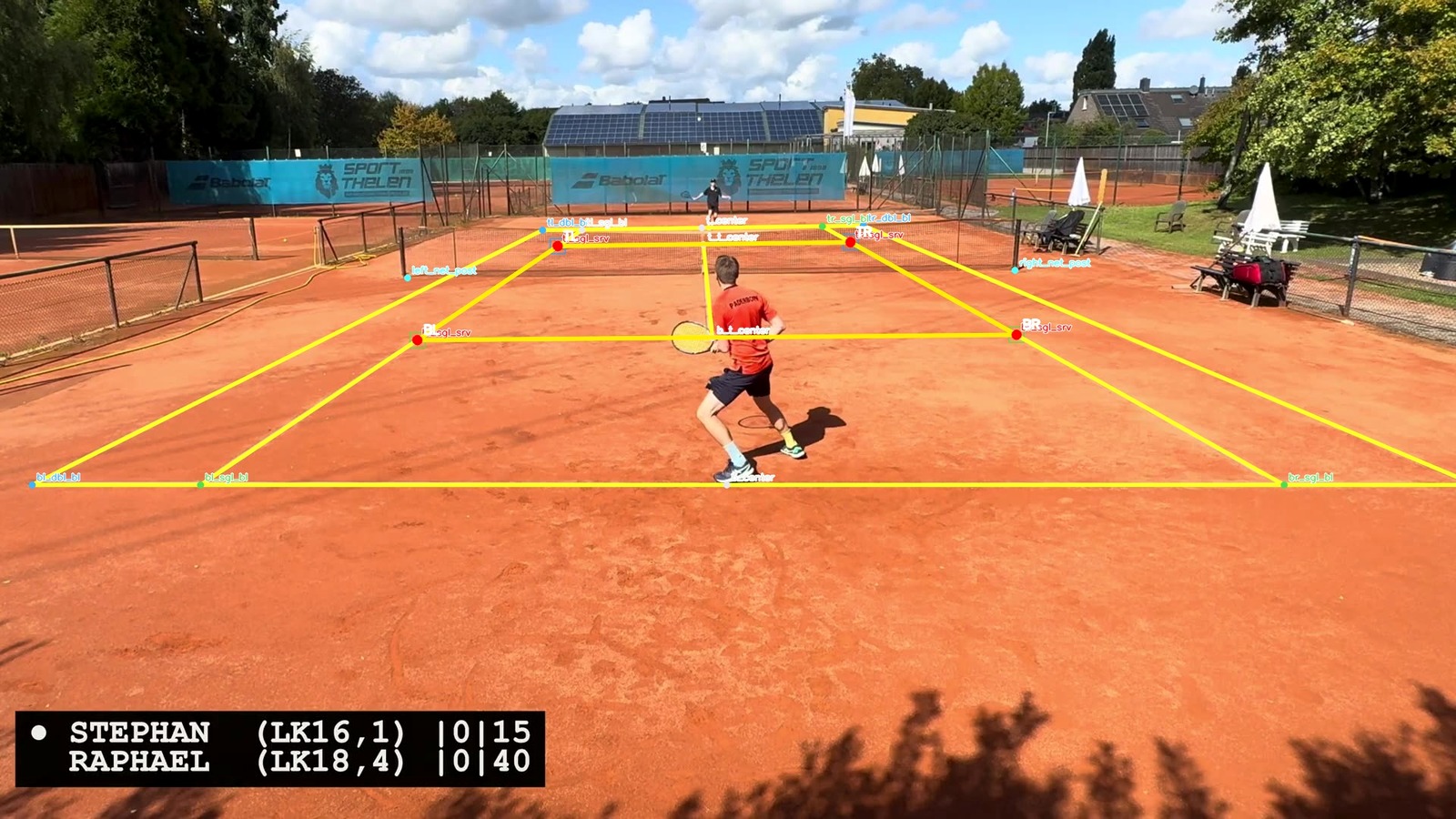Tennis video with four detected service-field anchors and a complete projected court line model