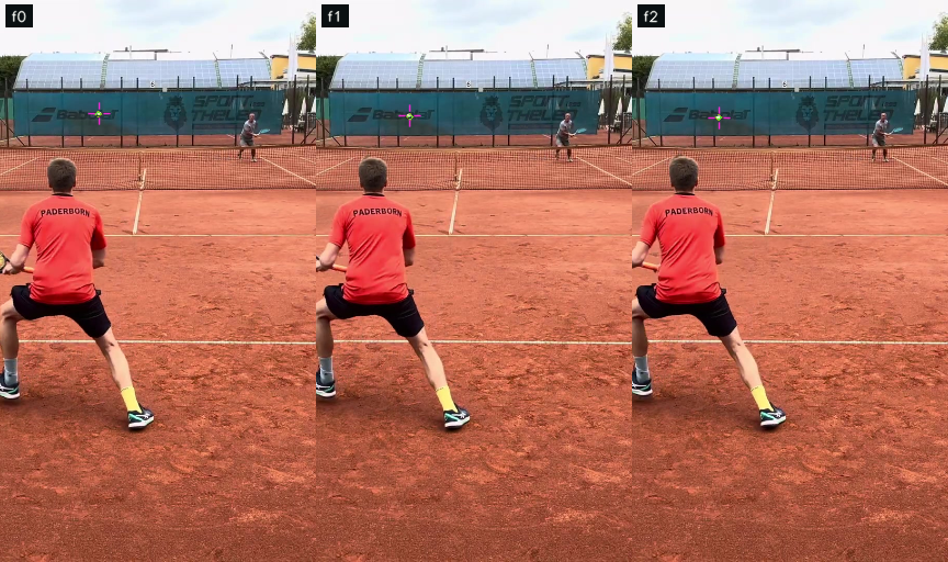Three complete consecutive held-out Search frames with a visible tennis ball, magenta prediction crosshairs and target rings
